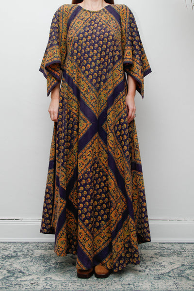 Vintage Indian Block Print Maxi Dress, Angel Sleeve Cotton Bohemian Dress