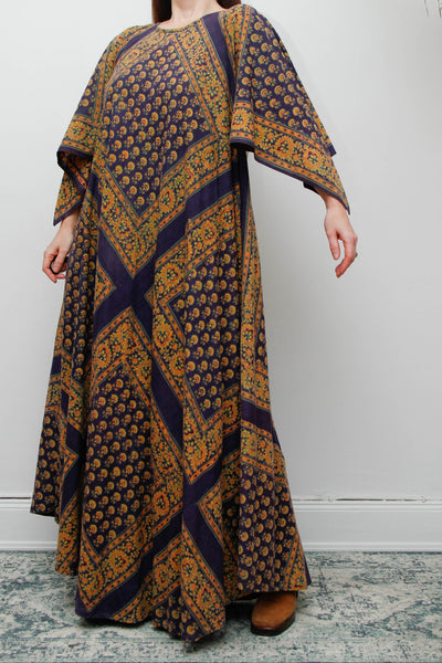 Vintage Indian Block Print Maxi Dress, Angel Sleeve Cotton Bohemian Dress