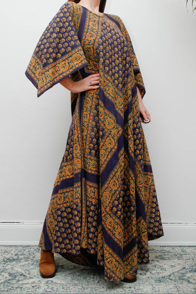 Vintage Indian Block Print Maxi Dress, Angel Sleeve Cotton Bohemian Dress