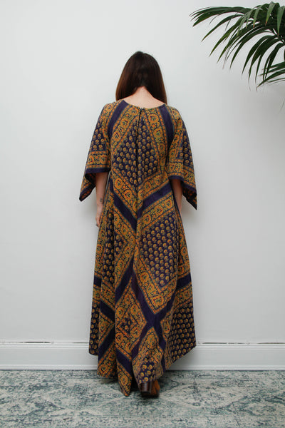 Vintage Indian Block Print Maxi Dress, Angel Sleeve Cotton Bohemian Dress
