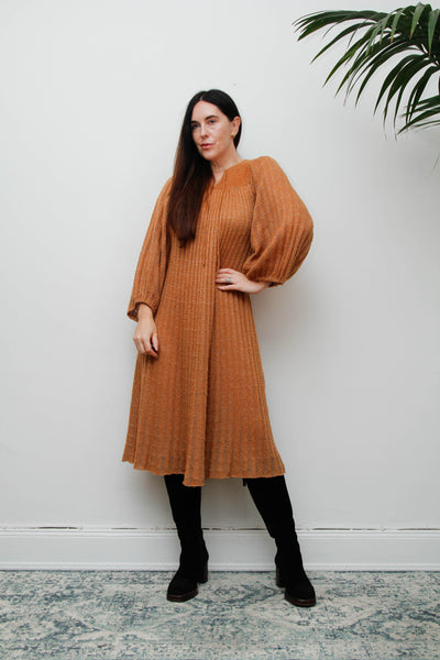 Rare Vintage Mary Farrin Smock Dress, Autumnal Tan & Dramatic Pleated Silhouette