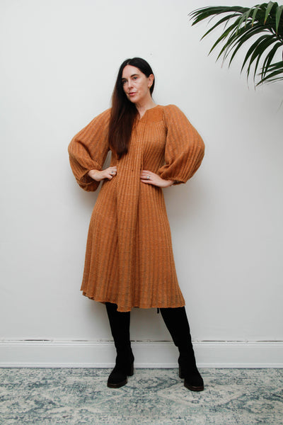 Rare Vintage Mary Farrin Smock Dress, Autumnal Tan & Dramatic Pleated Silhouette
