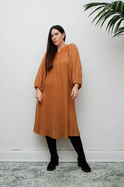 Rare Vintage Mary Farrin Smock Dress, Autumnal Tan & Dramatic Pleated Silhouette