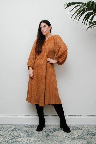 Rare Vintage Mary Farrin Smock Dress, Autumnal Tan & Dramatic Pleated Silhouette