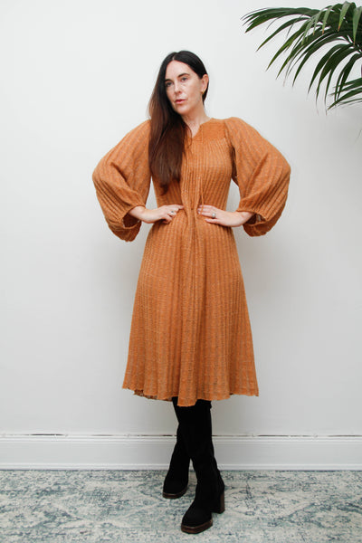 Rare Vintage Mary Farrin Smock Dress, Autumnal Tan & Dramatic Pleated Silhouette