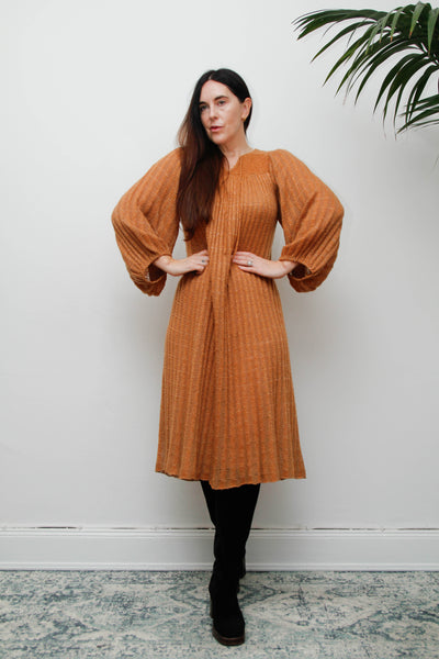 Rare Vintage Mary Farrin Smock Dress, Autumnal Tan & Dramatic Pleated Silhouette
