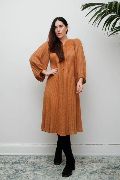 Rare Vintage Mary Farrin Smock Dress, Autumnal Tan & Dramatic Pleated Silhouette