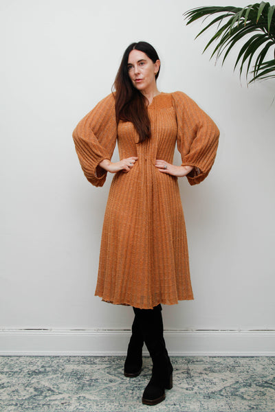 Rare Vintage Mary Farrin Smock Dress, Autumnal Tan & Dramatic Pleated Silhouette