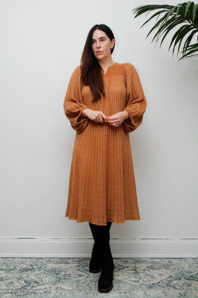 Rare Vintage Mary Farrin Smock Dress, Autumnal Tan & Dramatic Pleated Silhouette