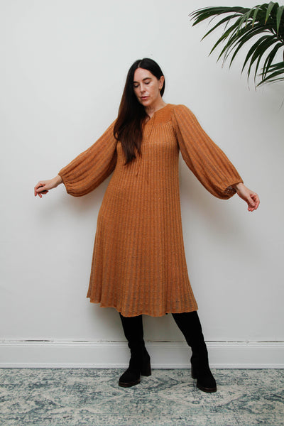 Rare Vintage Mary Farrin Smock Dress, Autumnal Tan & Dramatic Pleated Silhouette