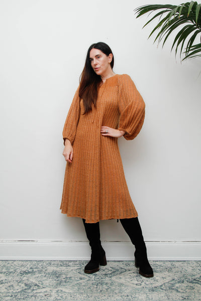 Rare Vintage Mary Farrin Smock Dress, Autumnal Tan & Dramatic Pleated Silhouette