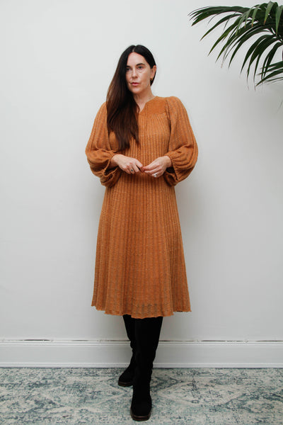 Rare Vintage Mary Farrin Smock Dress, Autumnal Tan & Dramatic Pleated Silhouette