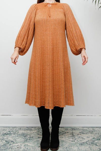 Rare Vintage Mary Farrin Smock Dress, Autumnal Tan & Dramatic Pleated Silhouette