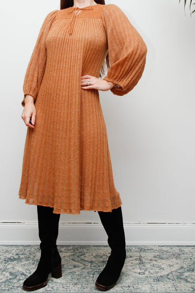 Rare Vintage Mary Farrin Smock Dress, Autumnal Tan & Dramatic Pleated Silhouette