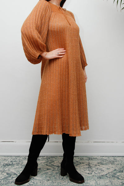 Rare Vintage Mary Farrin Smock Dress, Autumnal Tan & Dramatic Pleated Silhouette