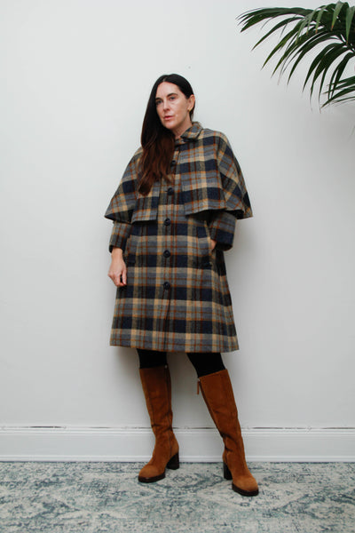 Rare Vintage 1970s Scottish Tartan Cape Coat, Yellow & Blue Wool
