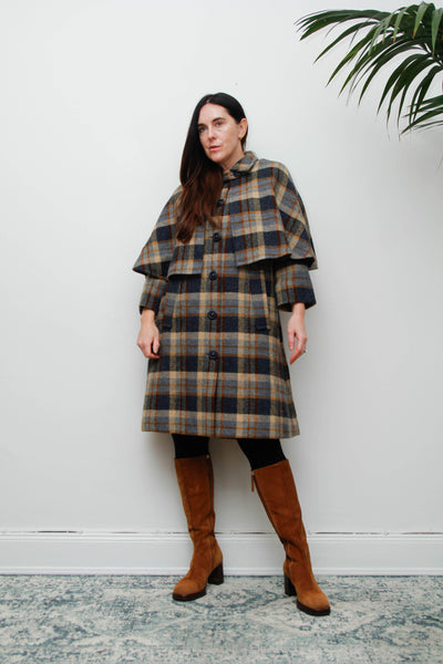 Rare Vintage 1970s Scottish Tartan Cape Coat, Yellow & Blue Wool