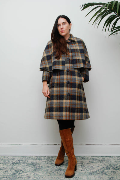 Rare Vintage 1970s Scottish Tartan Cape Coat, Yellow & Blue Wool