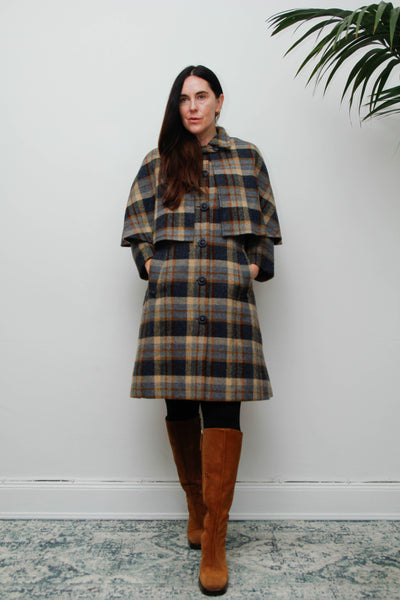 Rare Vintage 1970s Scottish Tartan Cape Coat, Yellow & Blue Wool