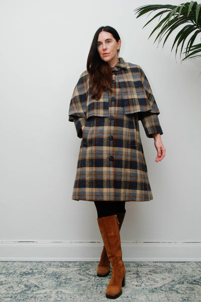Rare Vintage 1970s Scottish Tartan Cape Coat, Yellow & Blue Wool