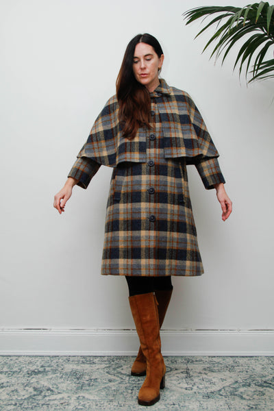 Rare Vintage 1970s Scottish Tartan Cape Coat, Yellow & Blue Wool