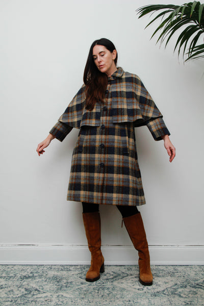 Rare Vintage 1970s Scottish Tartan Cape Coat, Yellow & Blue Wool