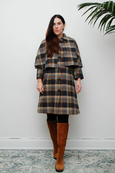 Rare Vintage 1970s Scottish Tartan Cape Coat, Yellow & Blue Wool