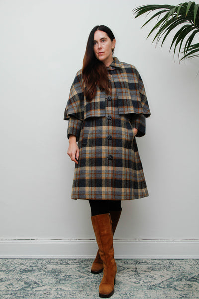 Rare Vintage 1970s Scottish Tartan Cape Coat, Yellow & Blue Wool