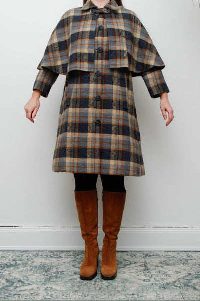 Rare Vintage 1970s Scottish Tartan Cape Coat, Yellow & Blue Wool