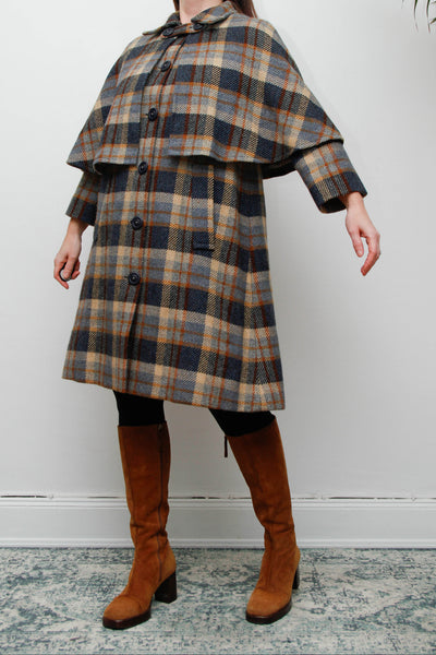 Rare Vintage 1970s Scottish Tartan Cape Coat, Yellow & Blue Wool