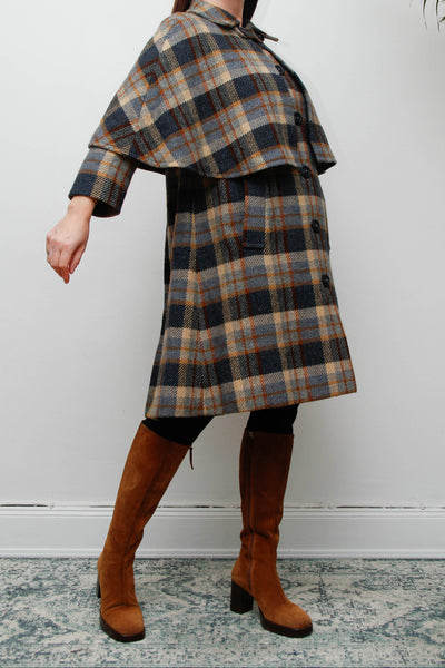 Rare Vintage 1970s Scottish Tartan Cape Coat, Yellow & Blue Wool