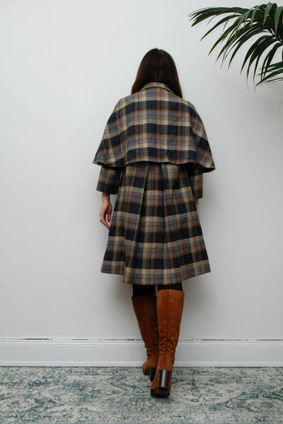 Rare Vintage 1970s Scottish Tartan Cape Coat, Yellow & Blue Wool