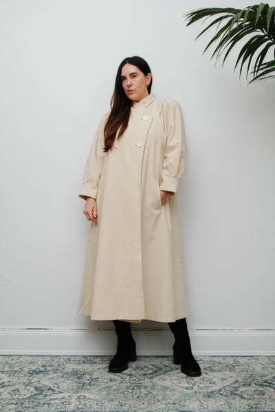 Rare Vintage 1980s Cream Wool Coat, Dramatic Poet Sleeves & Swing Silhouette