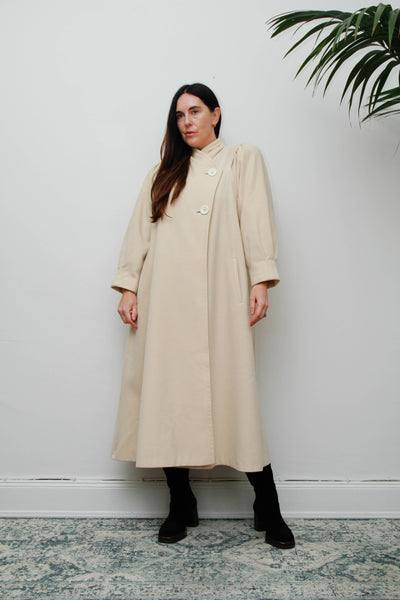 Rare Vintage 1980s Cream Wool Coat, Dramatic Poet Sleeves & Swing Silhouette