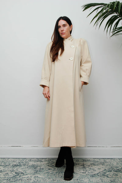 Rare Vintage 1980s Cream Wool Coat, Dramatic Poet Sleeves & Swing Silhouette
