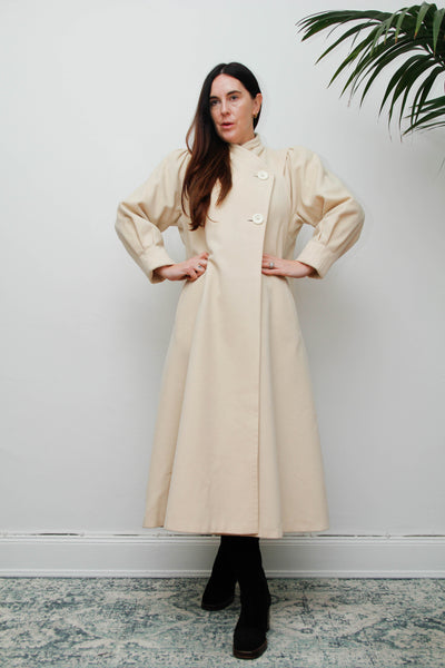 Rare Vintage 1980s Cream Wool Coat, Dramatic Poet Sleeves & Swing Silhouette