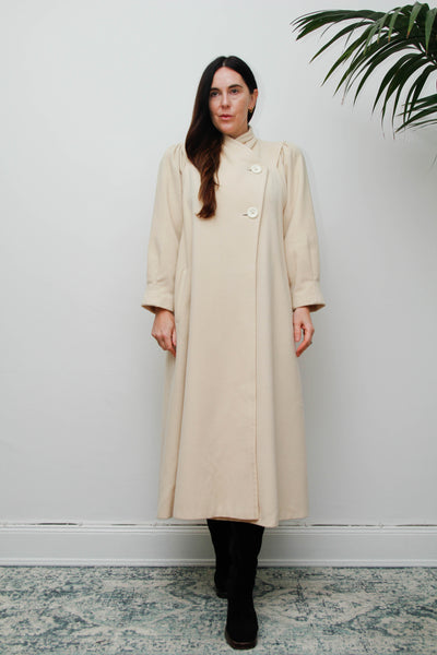Rare Vintage 1980s Cream Wool Coat, Dramatic Poet Sleeves & Swing Silhouette