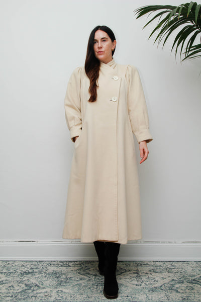 Rare Vintage 1980s Cream Wool Coat, Dramatic Poet Sleeves & Swing Silhouette