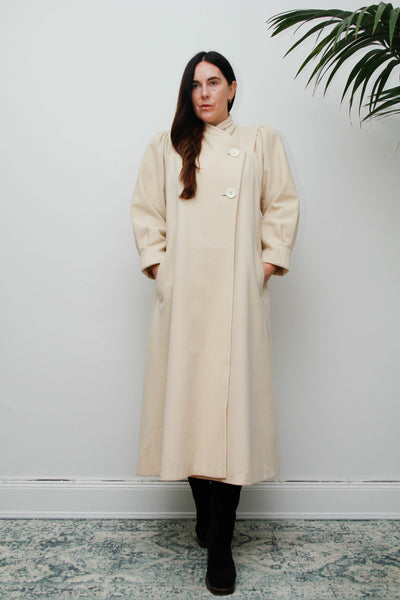 Rare Vintage 1980s Cream Wool Coat, Dramatic Poet Sleeves & Swing Silhouette