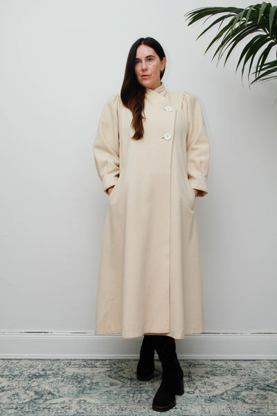 Rare Vintage 1980s Cream Wool Coat, Dramatic Poet Sleeves & Swing Silhouette