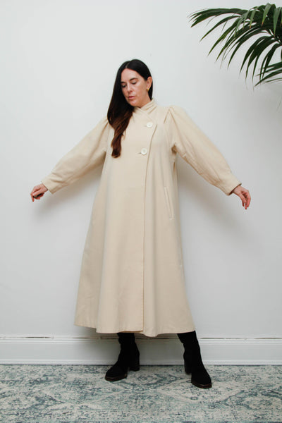 Rare Vintage 1980s Cream Wool Coat, Dramatic Poet Sleeves & Swing Silhouette