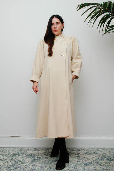 Rare Vintage 1980s Cream Wool Coat, Dramatic Poet Sleeves & Swing Silhouette