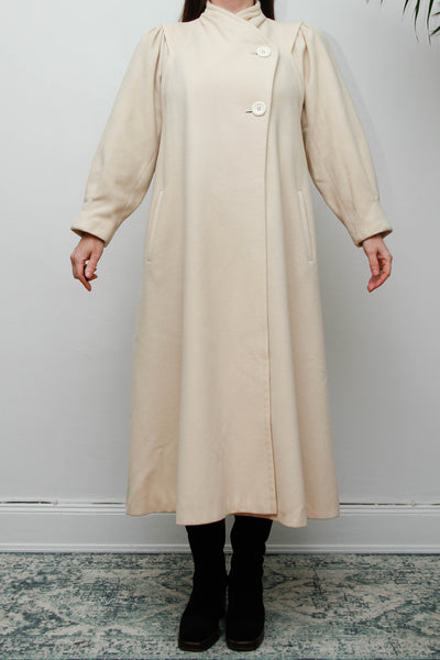Rare Vintage 1980s Cream Wool Coat, Dramatic Poet Sleeves & Swing Silhouette