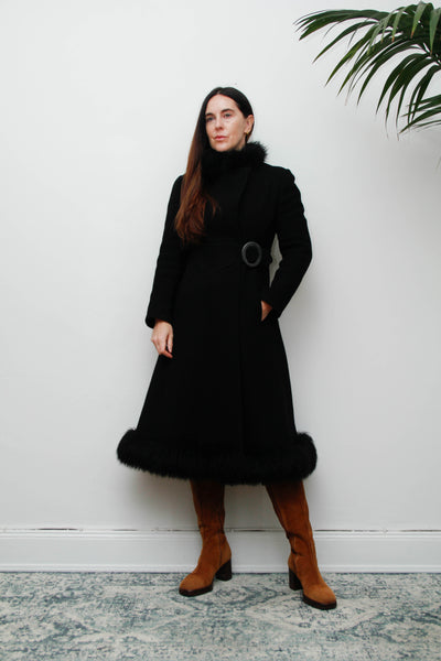 Vintage Black Gothic Winter Coat, 1970s Dramatic Fur Trim & Statement Buckle