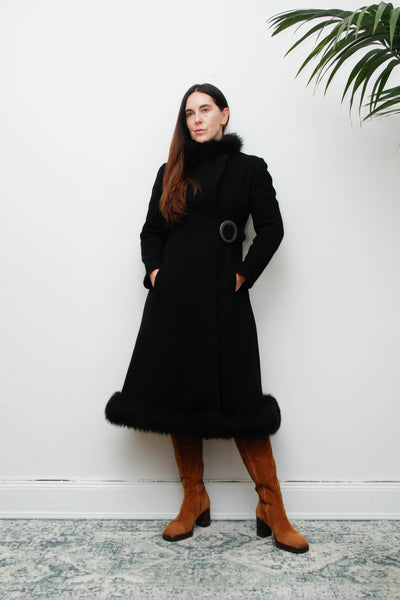 Vintage Black Gothic Winter Coat, 1970s Dramatic Fur Trim & Statement Buckle