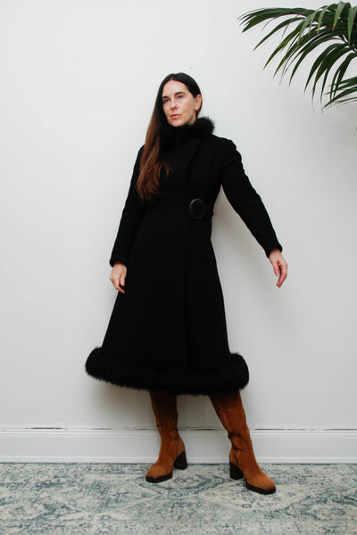 Vintage Black Gothic Winter Coat, 1970s Dramatic Fur Trim & Statement Buckle
