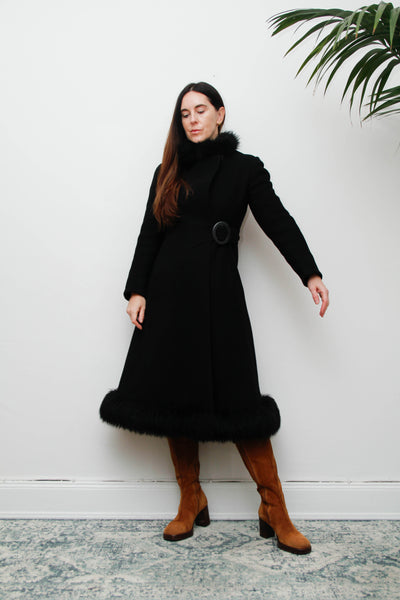 Vintage Black Gothic Winter Coat, 1970s Dramatic Fur Trim & Statement Buckle