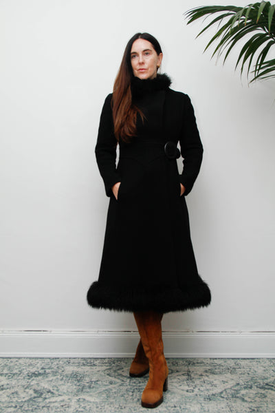 Vintage Black Gothic Winter Coat, 1970s Dramatic Fur Trim & Statement Buckle