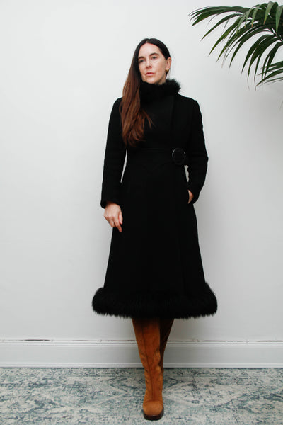 Vintage Black Gothic Winter Coat, 1970s Dramatic Fur Trim & Statement Buckle