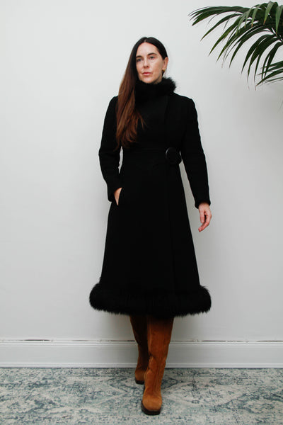 Vintage Black Gothic Winter Coat, 1970s Dramatic Fur Trim & Statement Buckle